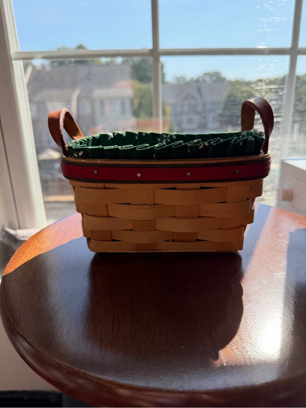Woven longaberger Natural Basket with Green Liner and Red Trim